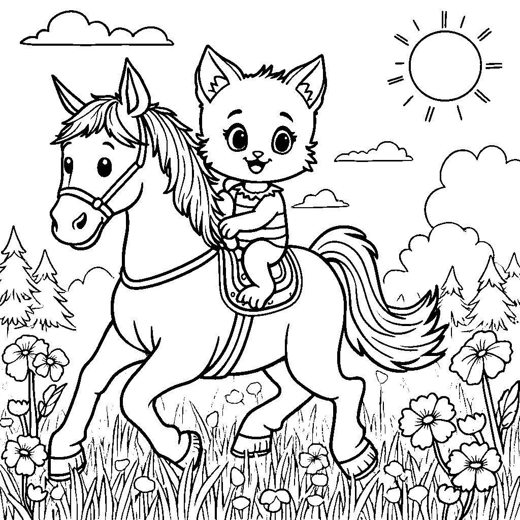 Kitten riding a horse