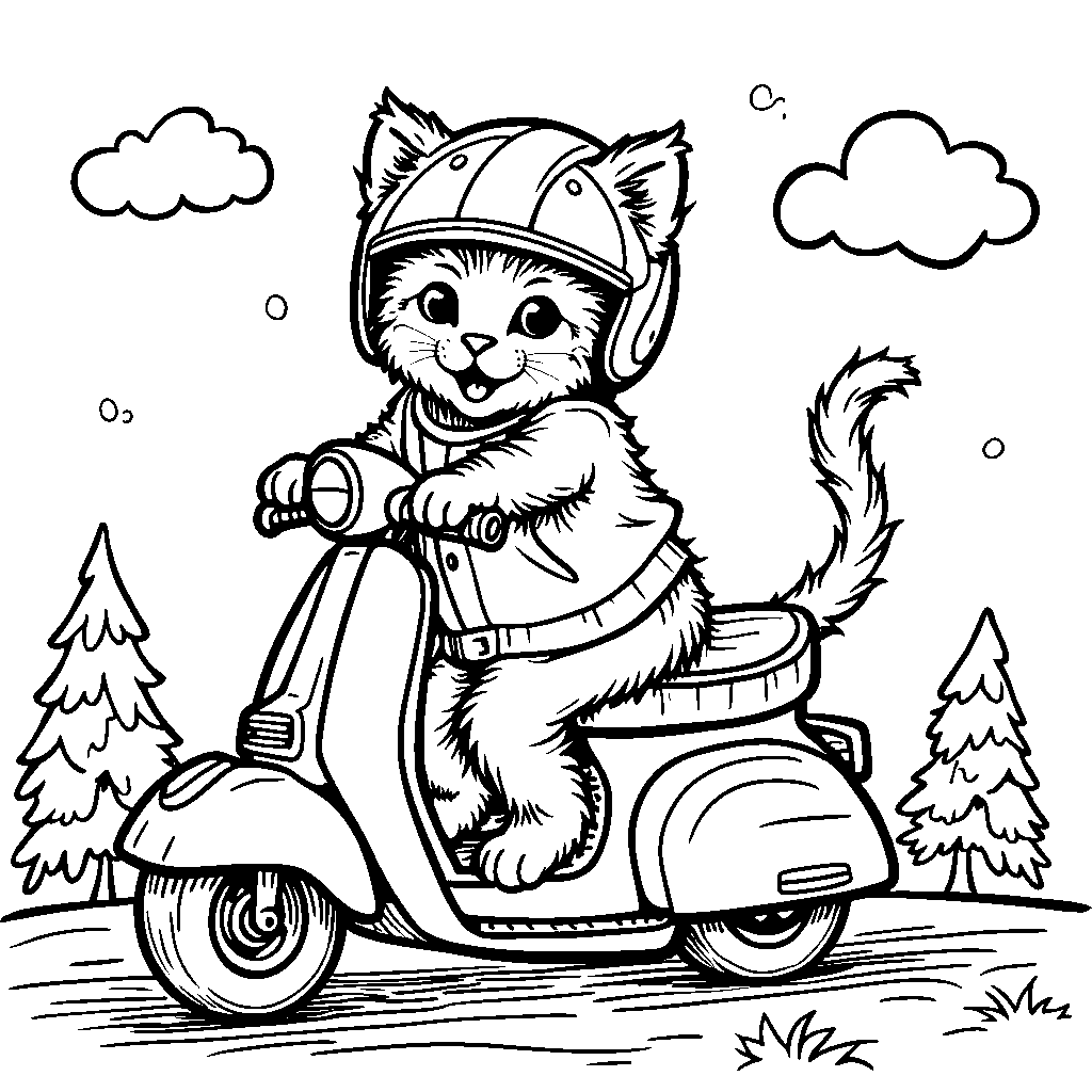 Kitten riding a scooter