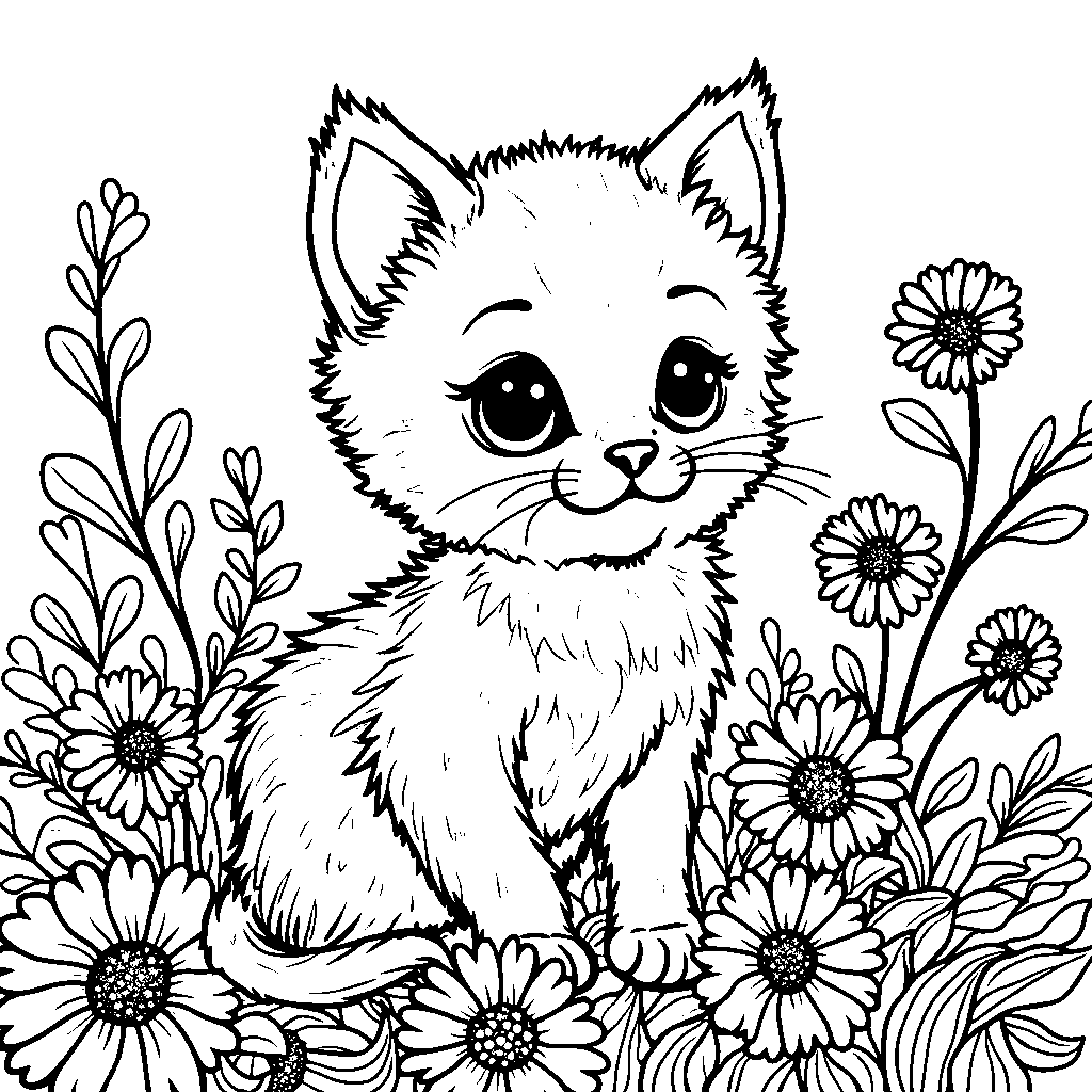 Kitten surrounded by flowers