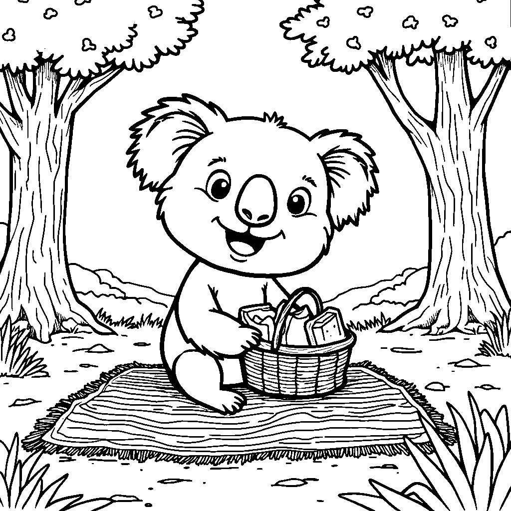 A koala having a picnic with a basket full of eucalyptus sandwiches