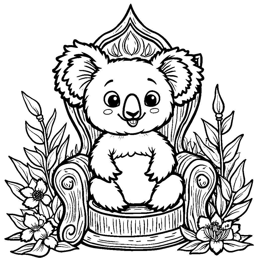 A koala sitting on a throne made of eucalyptus leaves