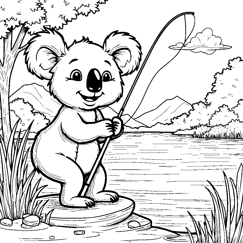 Koala holding a fishing rod and standing on the edge of a lake