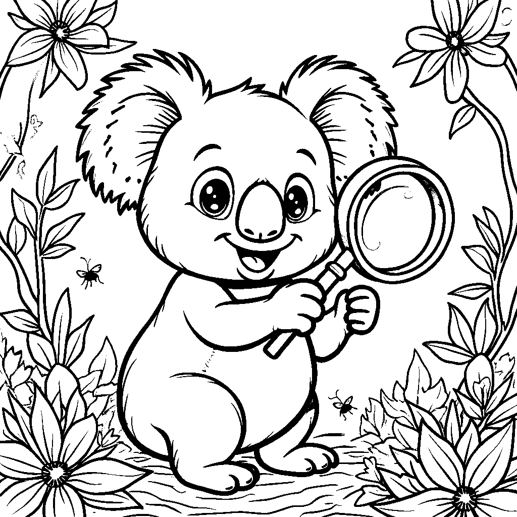 Koala holding a magnifying glass and exploring the outdoors