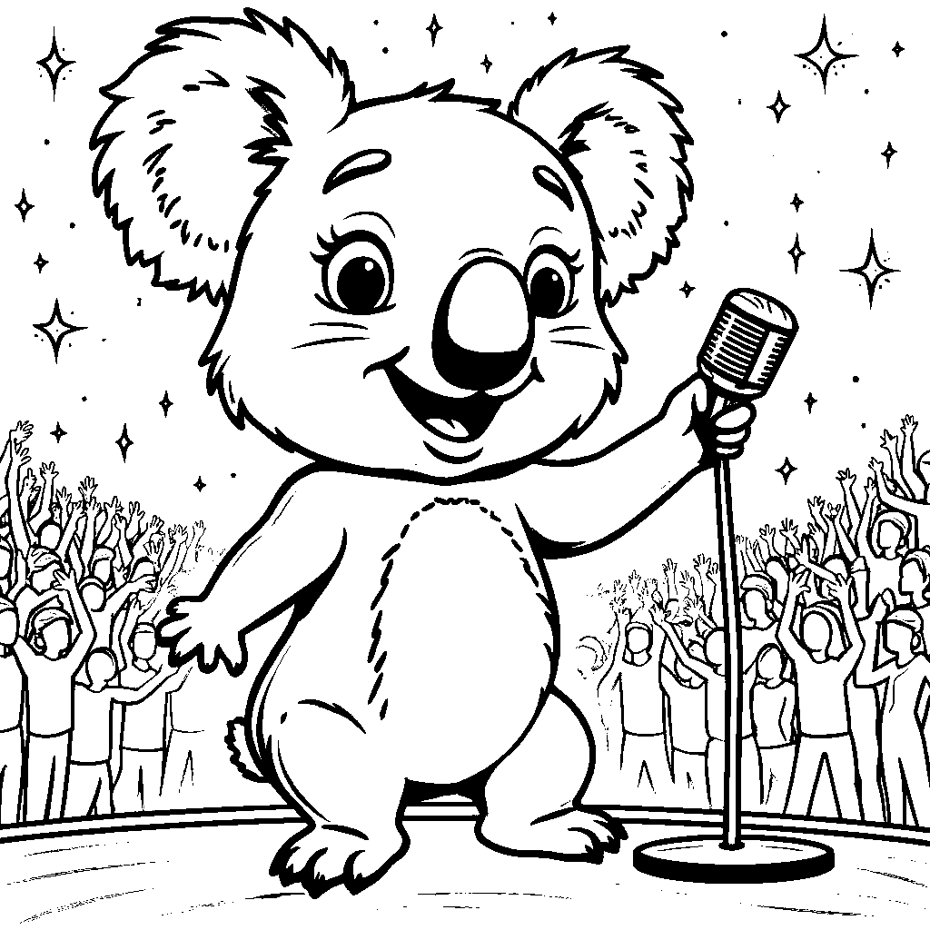 Koala holding a microphone and singing on stage