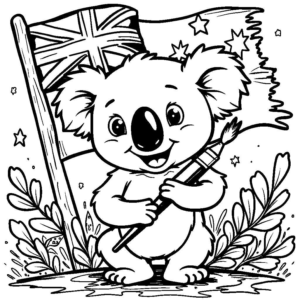 Koala holding a paintbrush and standing in front of a colorful Australian flag