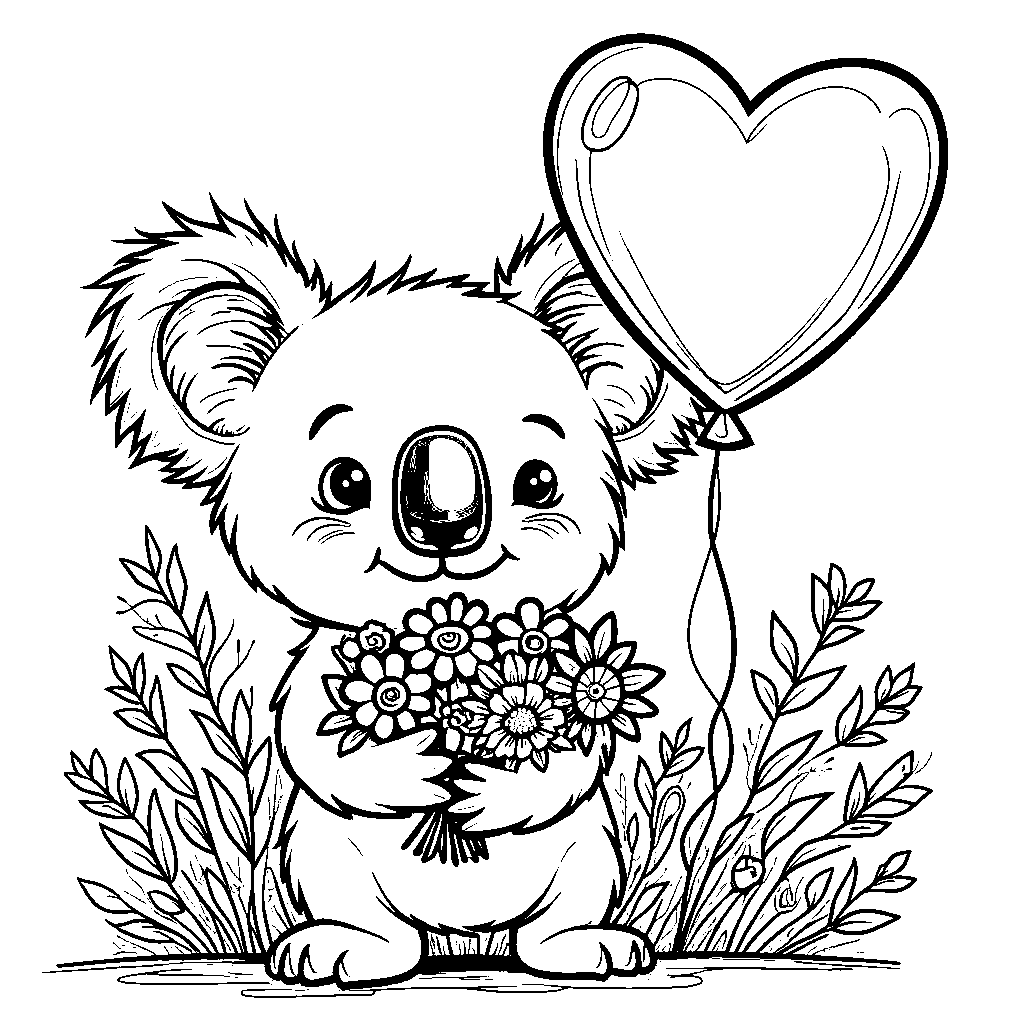 Koala holding a bouquet of flowers and standing in front of a heart-shaped balloon