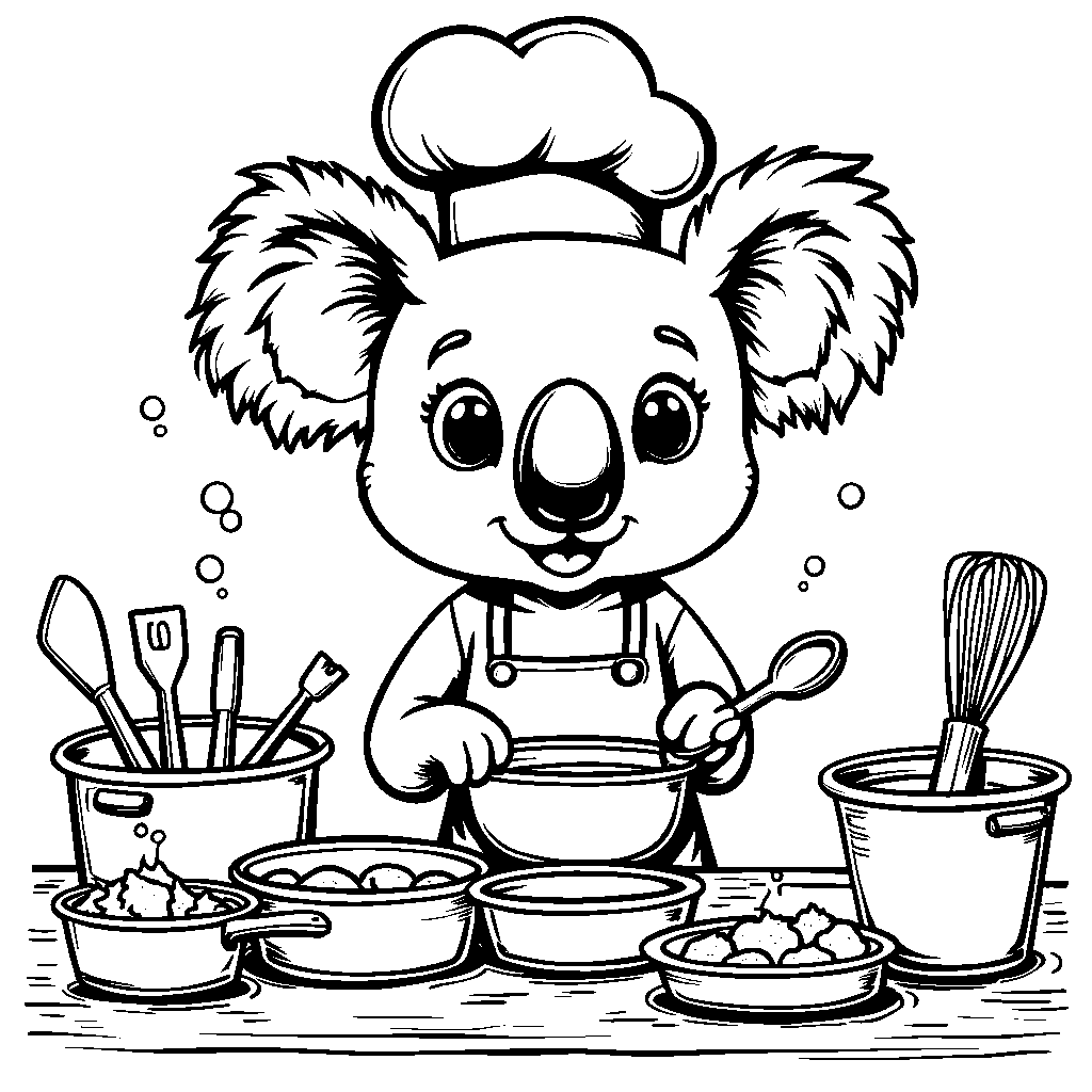 Koala in a chef's hat cooking up a storm in a kitchen