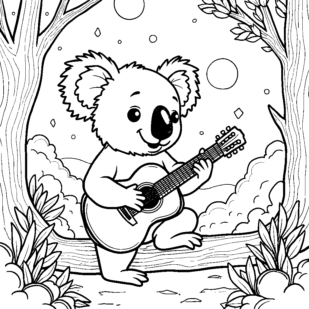 Koala playing a guitar under a starry night sky