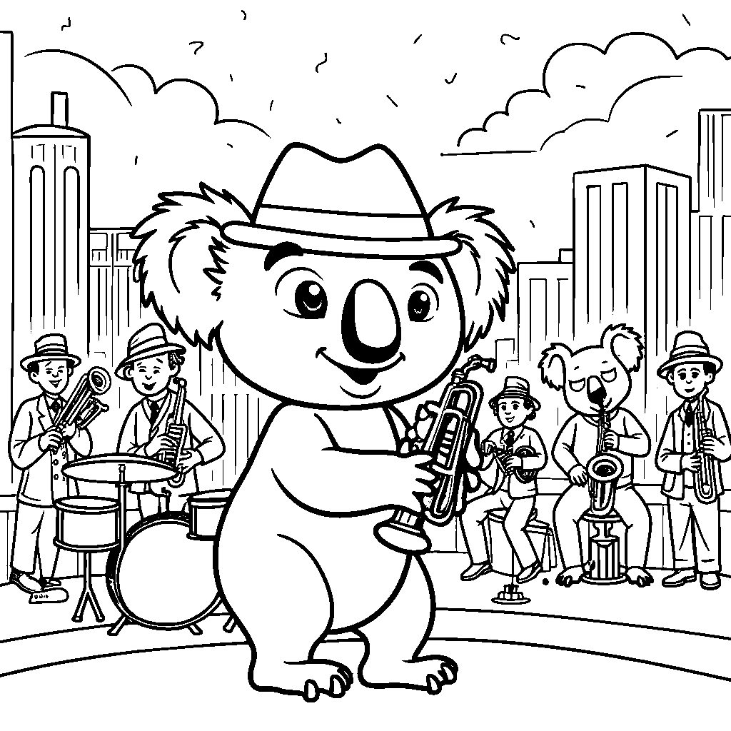 Koala playing a trumpet in a jazz band