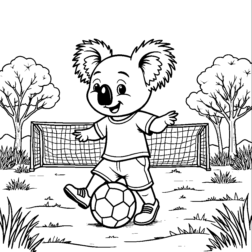 Koala playing soccer with a ball and goalposts in the outback