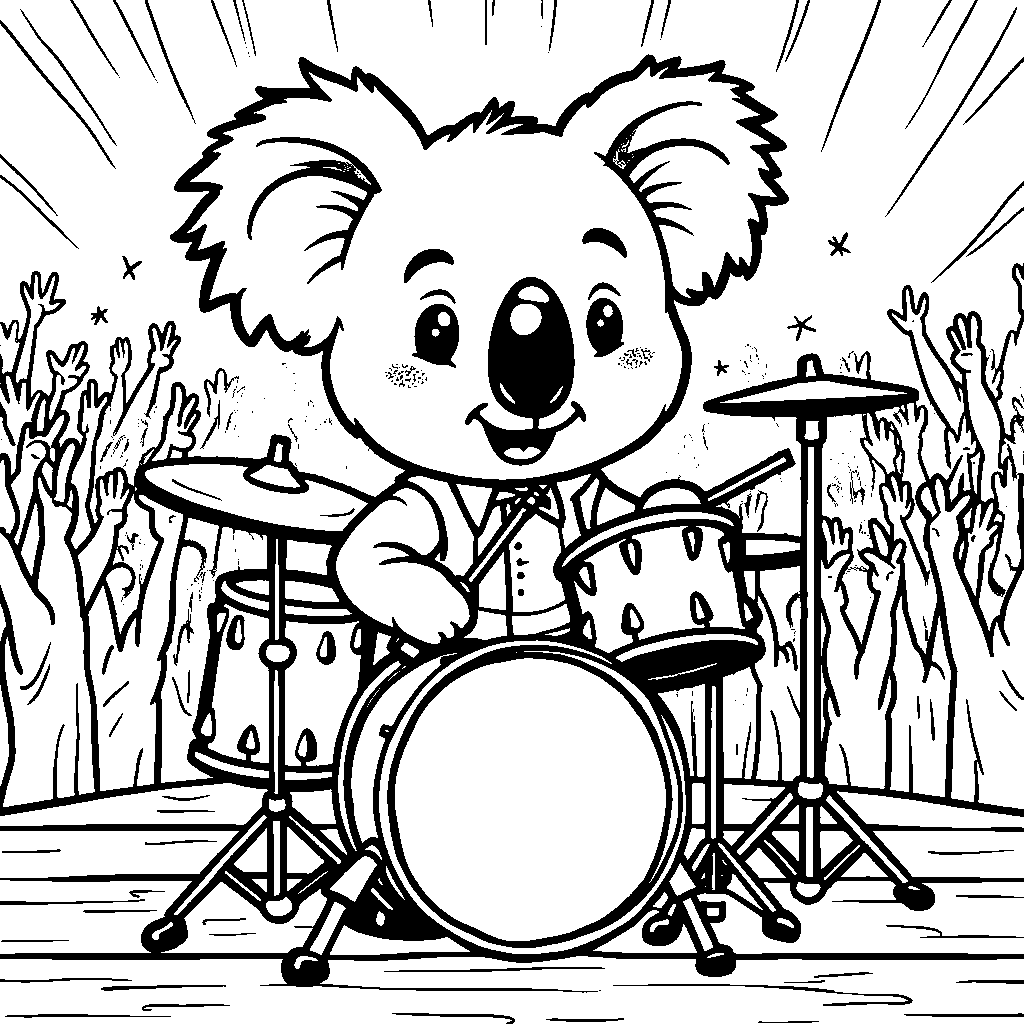 Koala playing the drums in a rock band