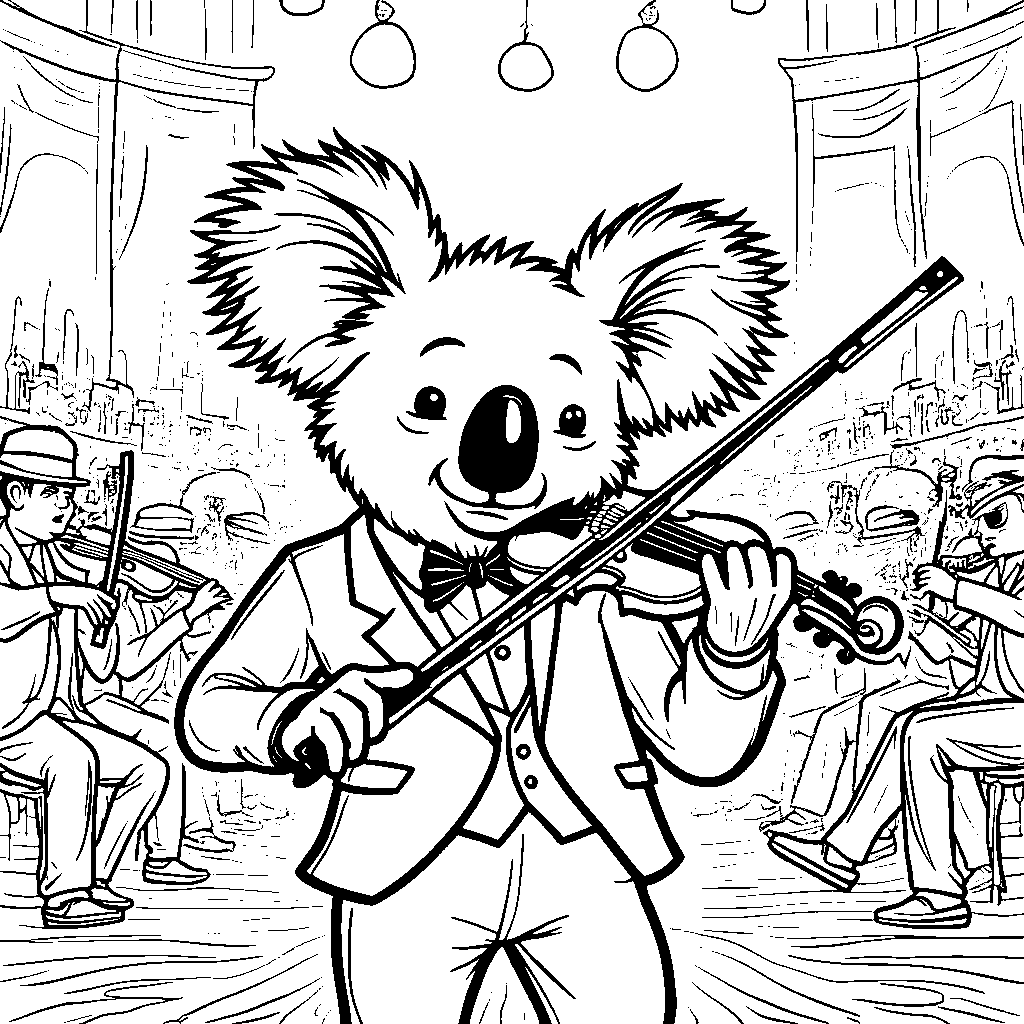 Koala playing a violin in a symphony orchestra