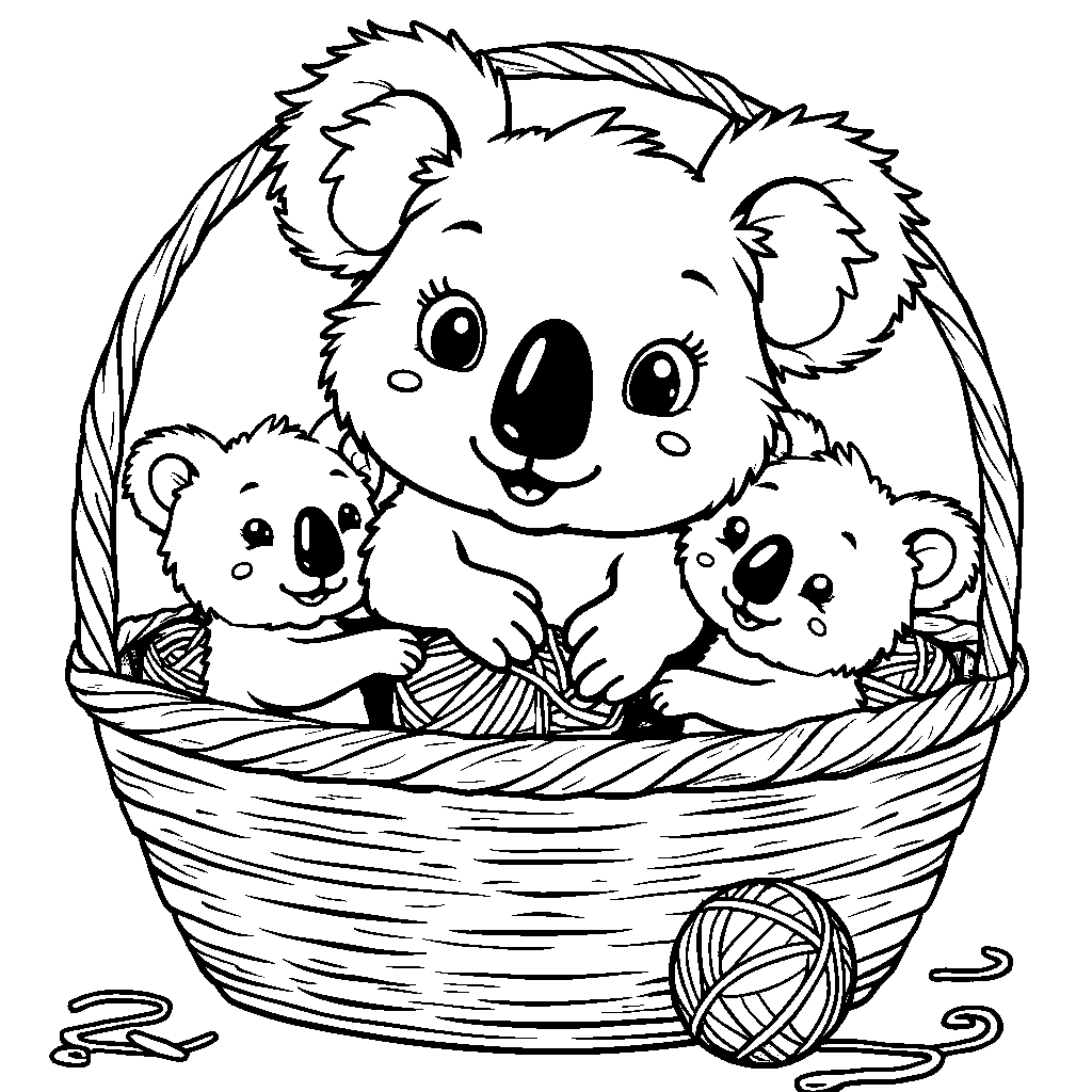 Koala playing with a ball of yarn and a basket of kittens