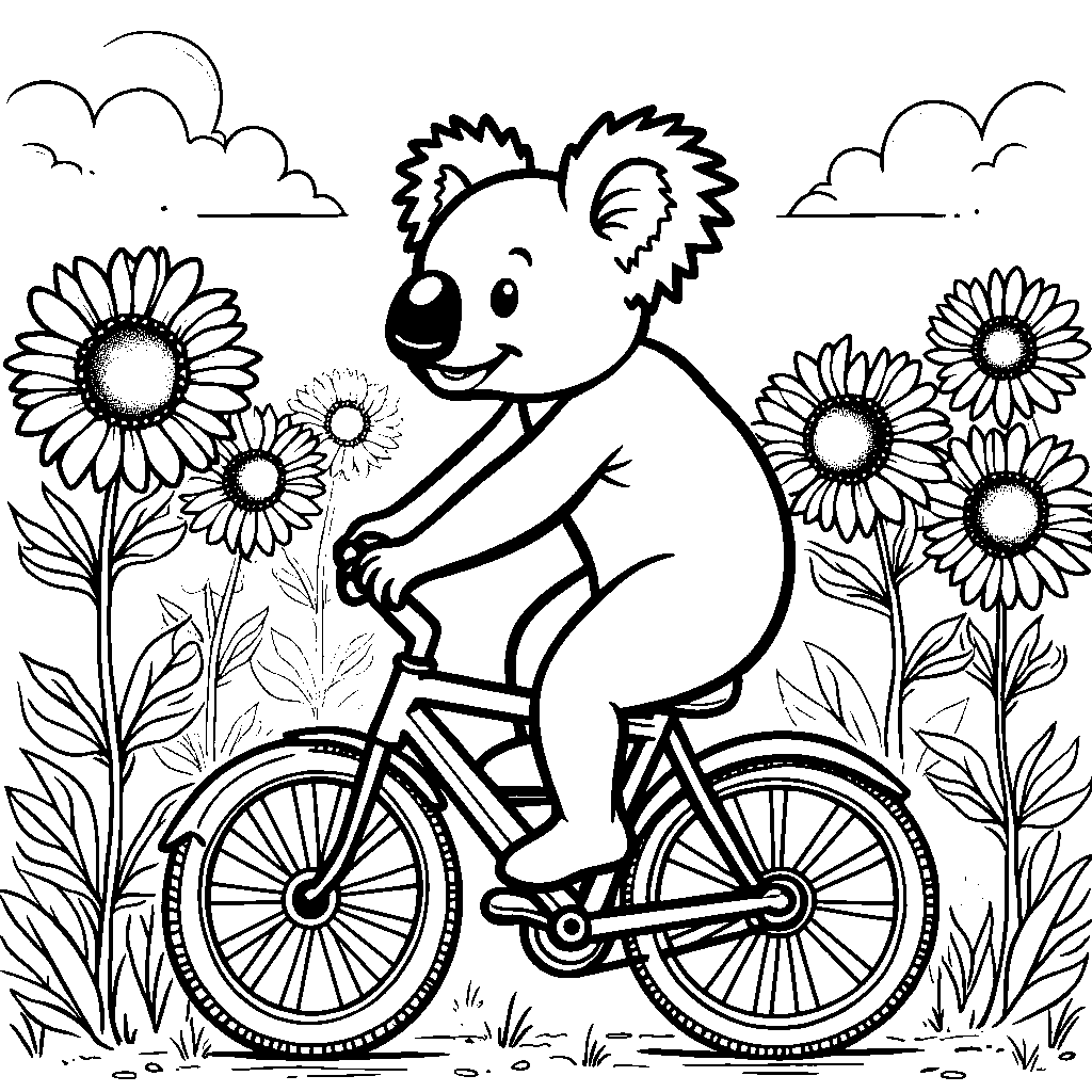 A koala riding a bicycle through a field of sunflowers