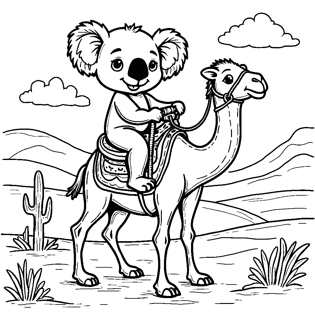 A koala riding a camel through the desert