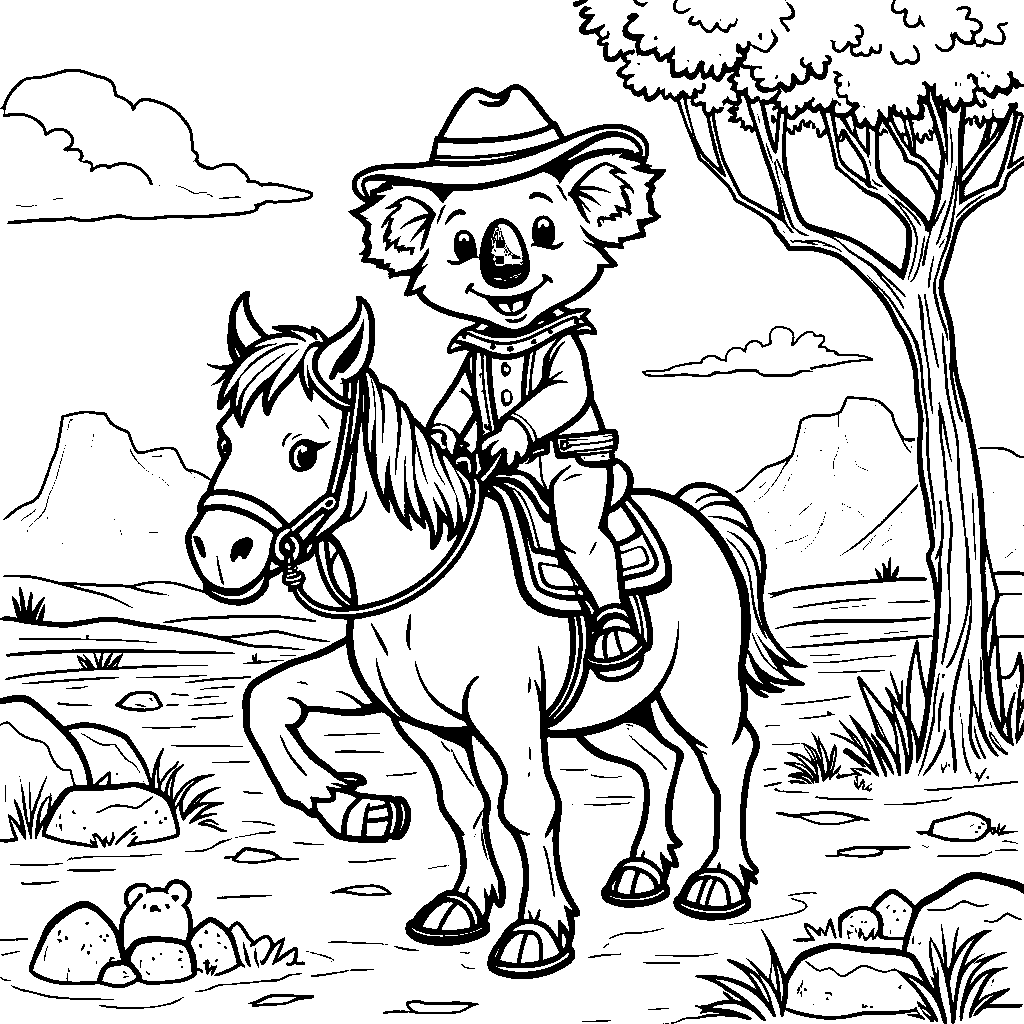 A koala riding a horse through the Australian outback