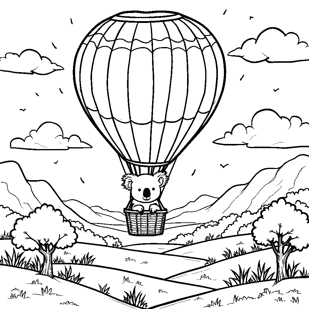 A koala riding a hot air balloon above the Australian countryside