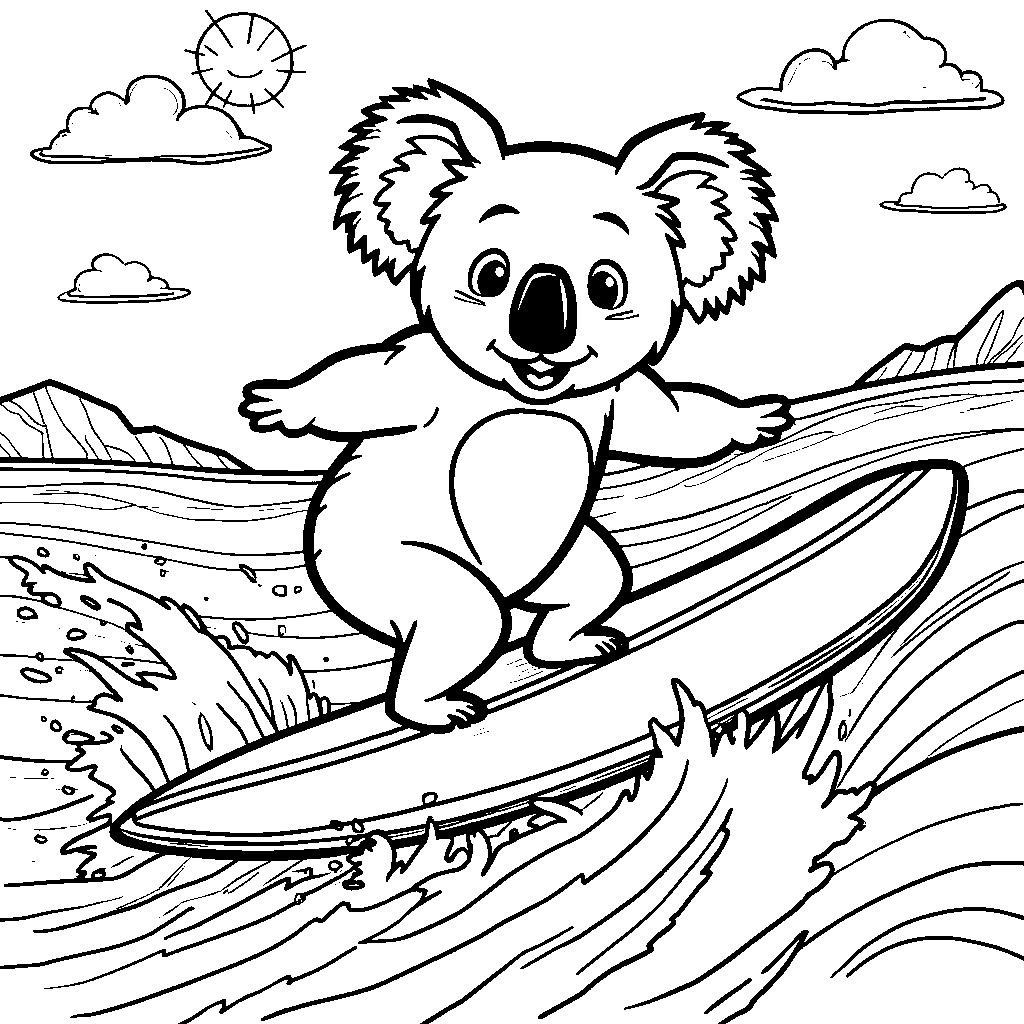 Koala riding a surfboard on a wave at Bondi Beach