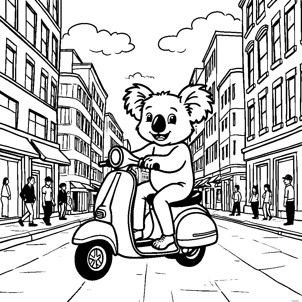 A koala riding a scooter through a city street