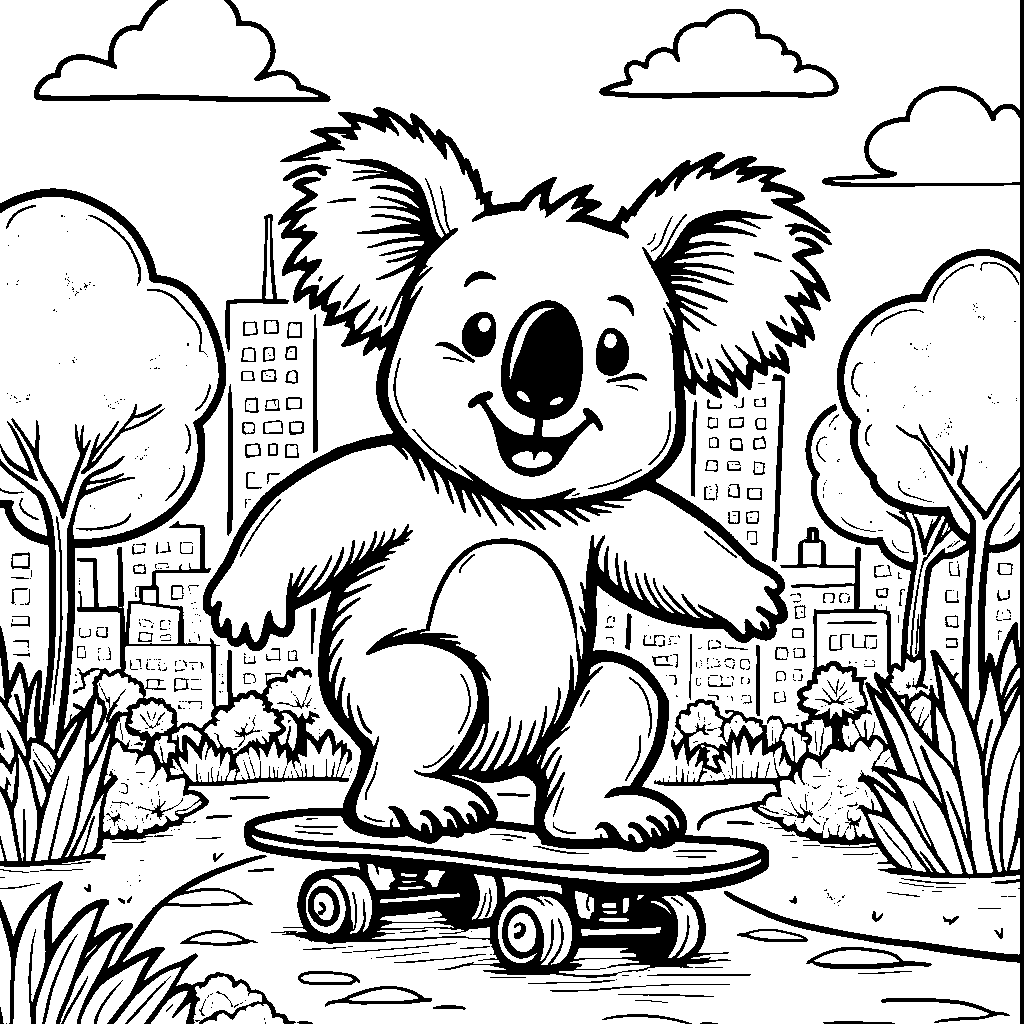 A koala riding a skateboard through a city park