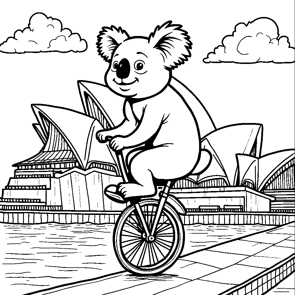 A koala riding a unicycle on a tightrope above the Sydney Opera House