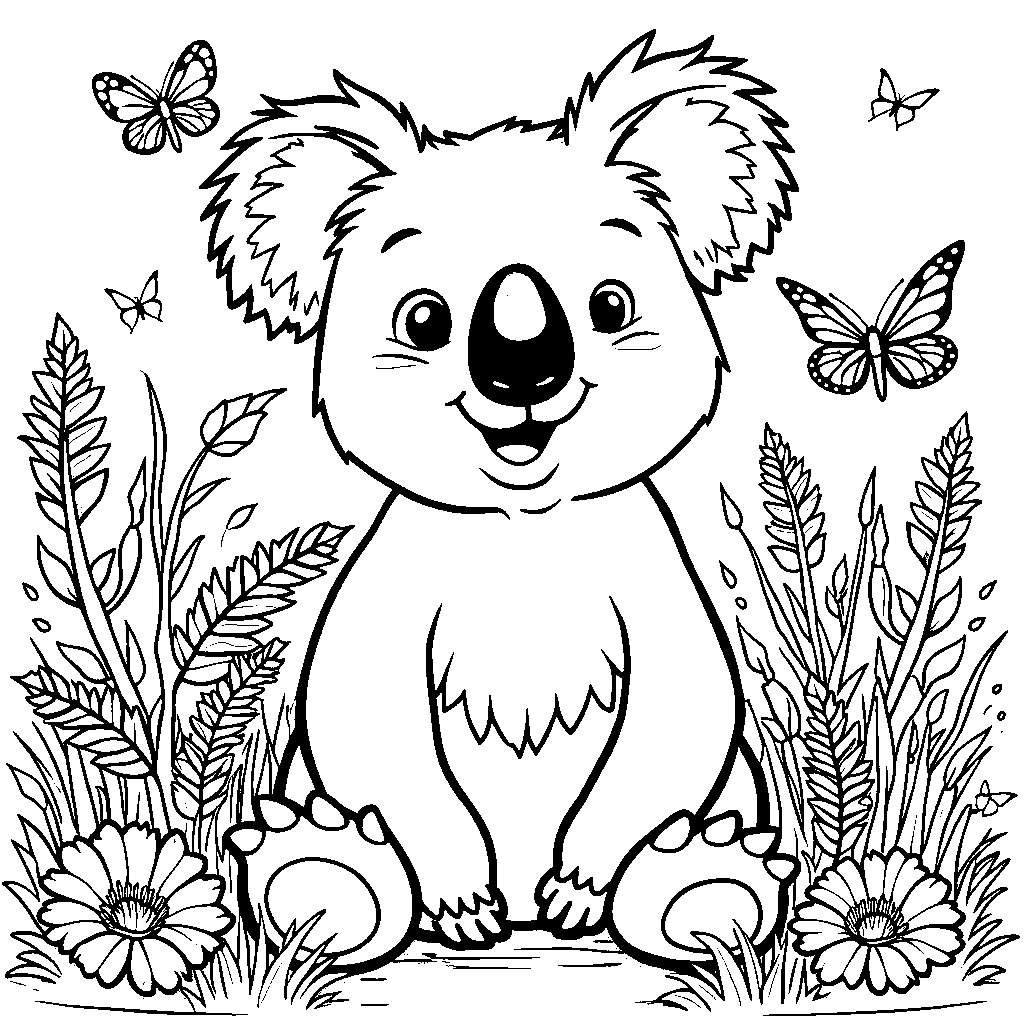 A koala sitting in a garden surrounded by butterflies and flowers