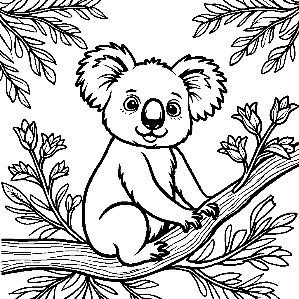 A koala sitting on a branch surrounded by eucalyptus leaves and flowers