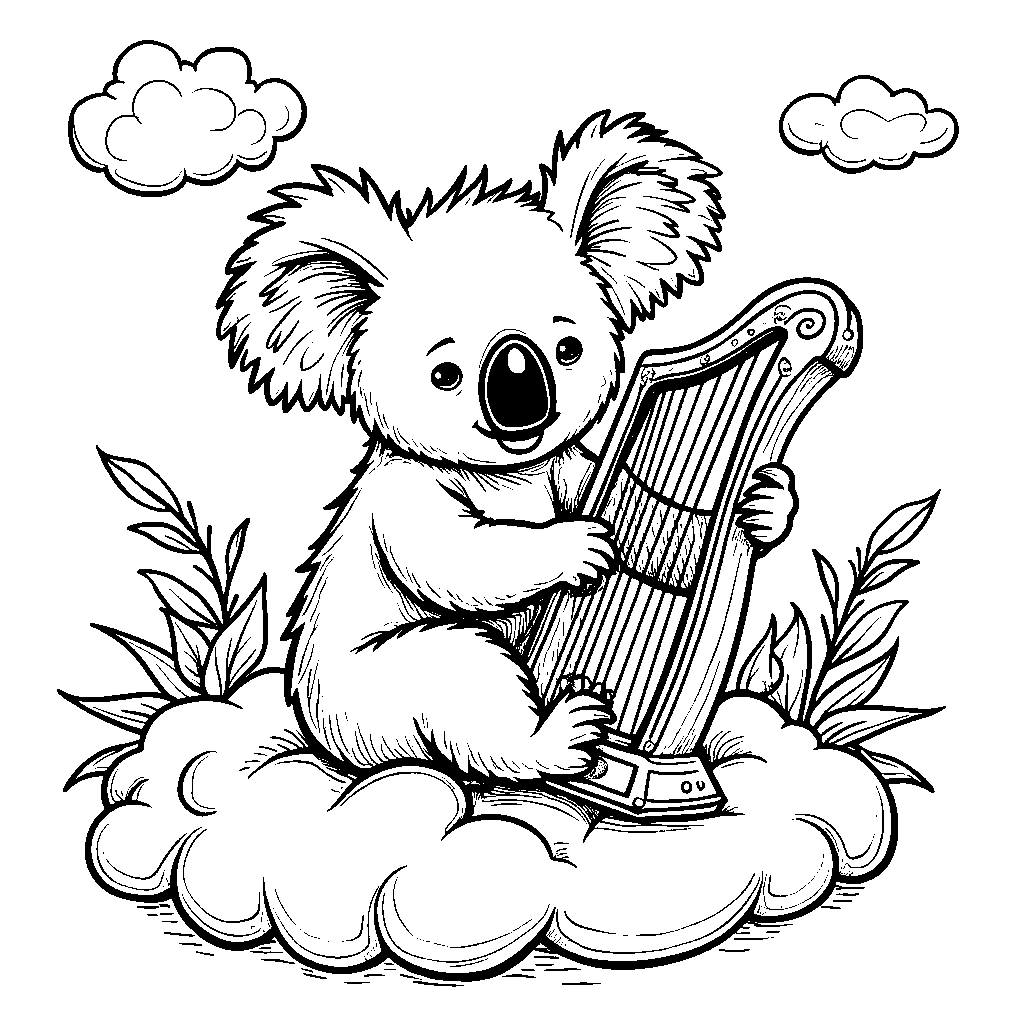 A koala sitting on a cloud and playing a harp