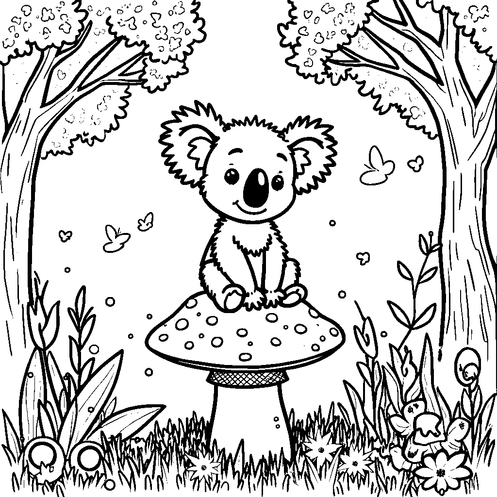 A koala sitting on a mushroom in a magical forest