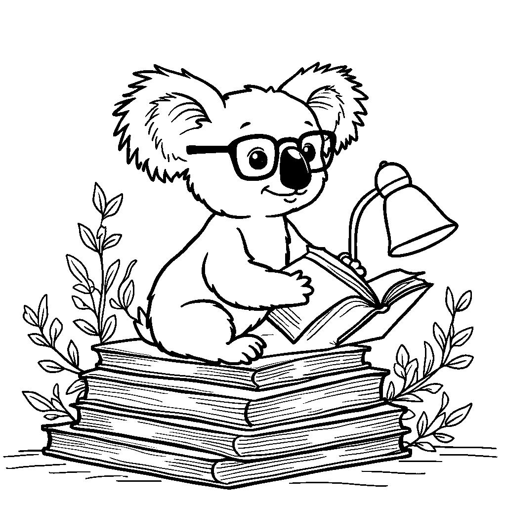 A koala sitting on a pile of books with a reading lamp and glasses