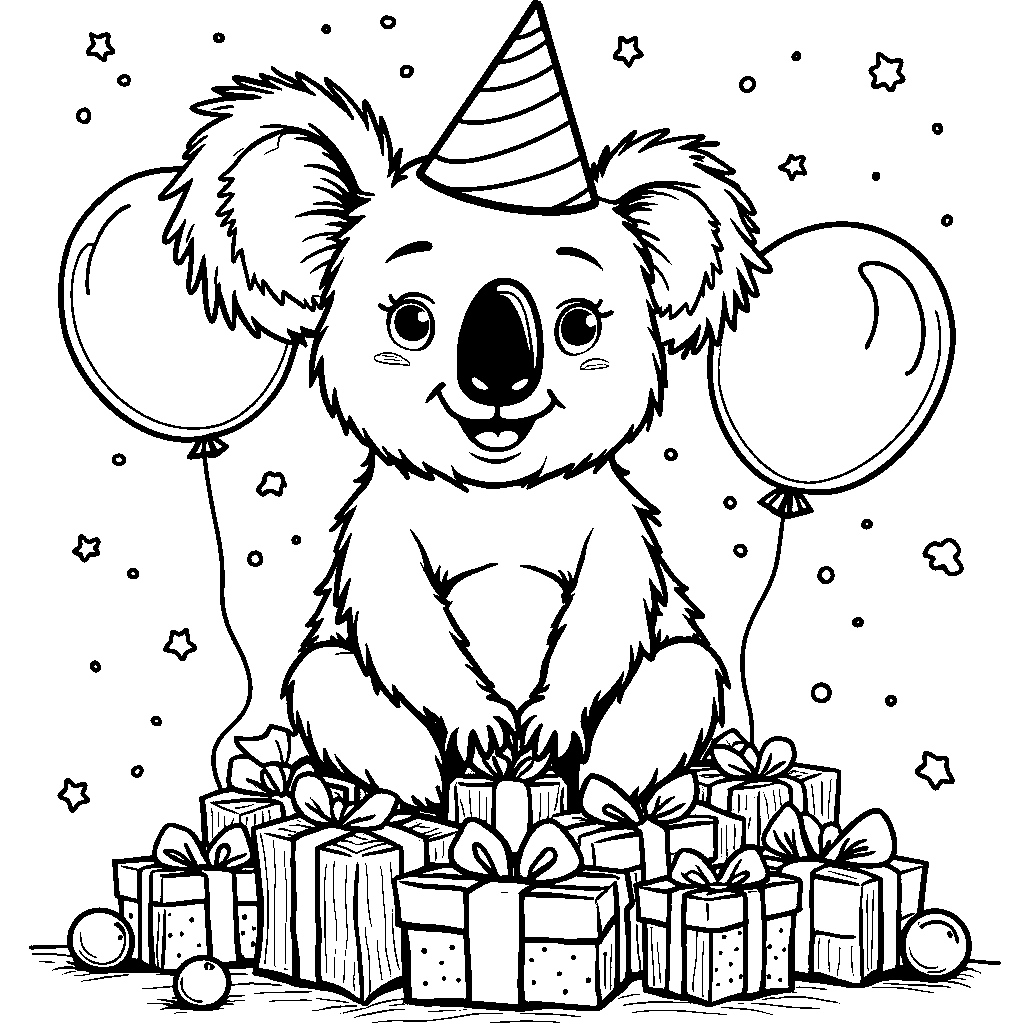 A koala sitting on a pile of presents and wearing a party hat