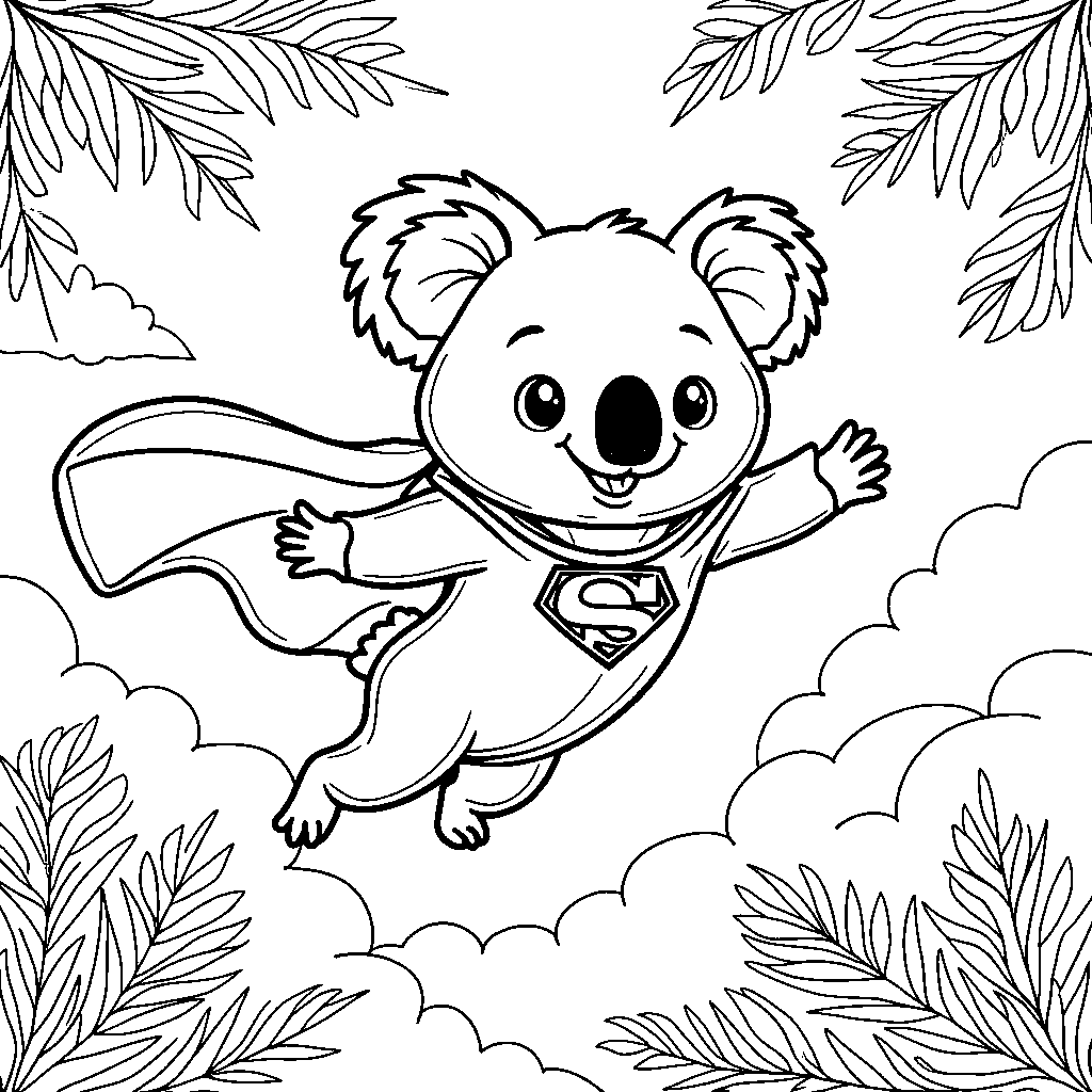 Koala wearing a superhero cape and flying through the sky