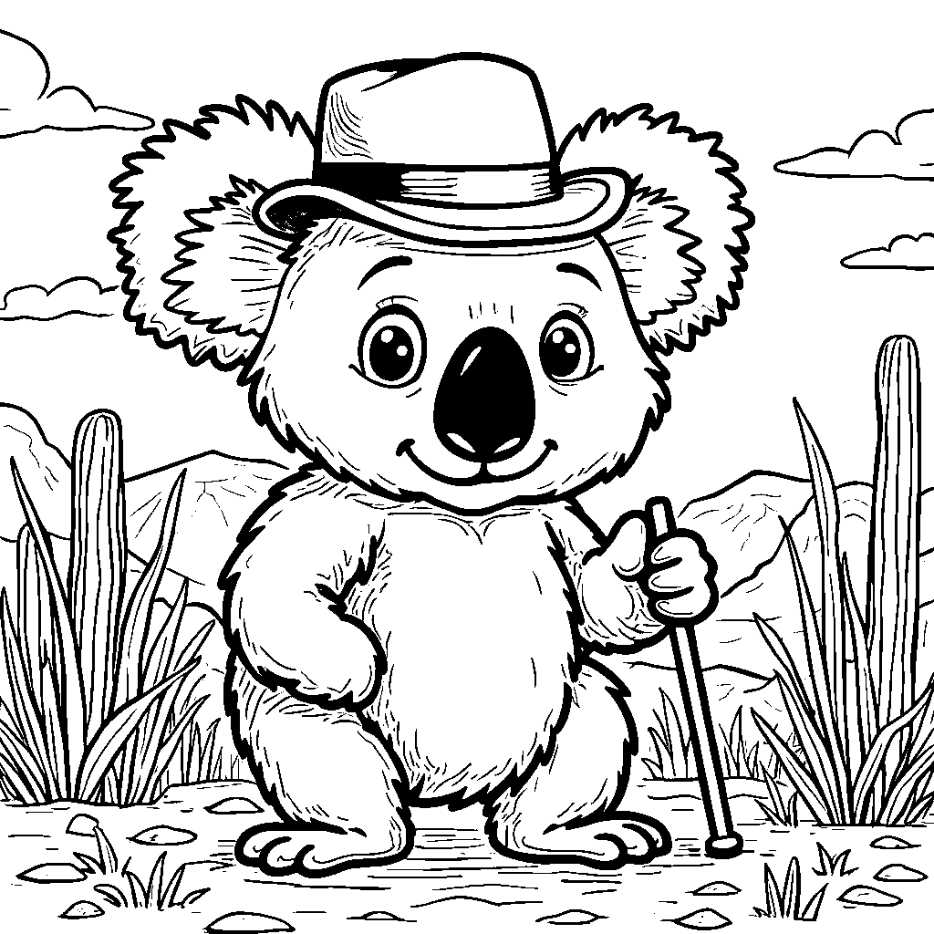 Koala wearing a top hat and holding a cane like a gentleman