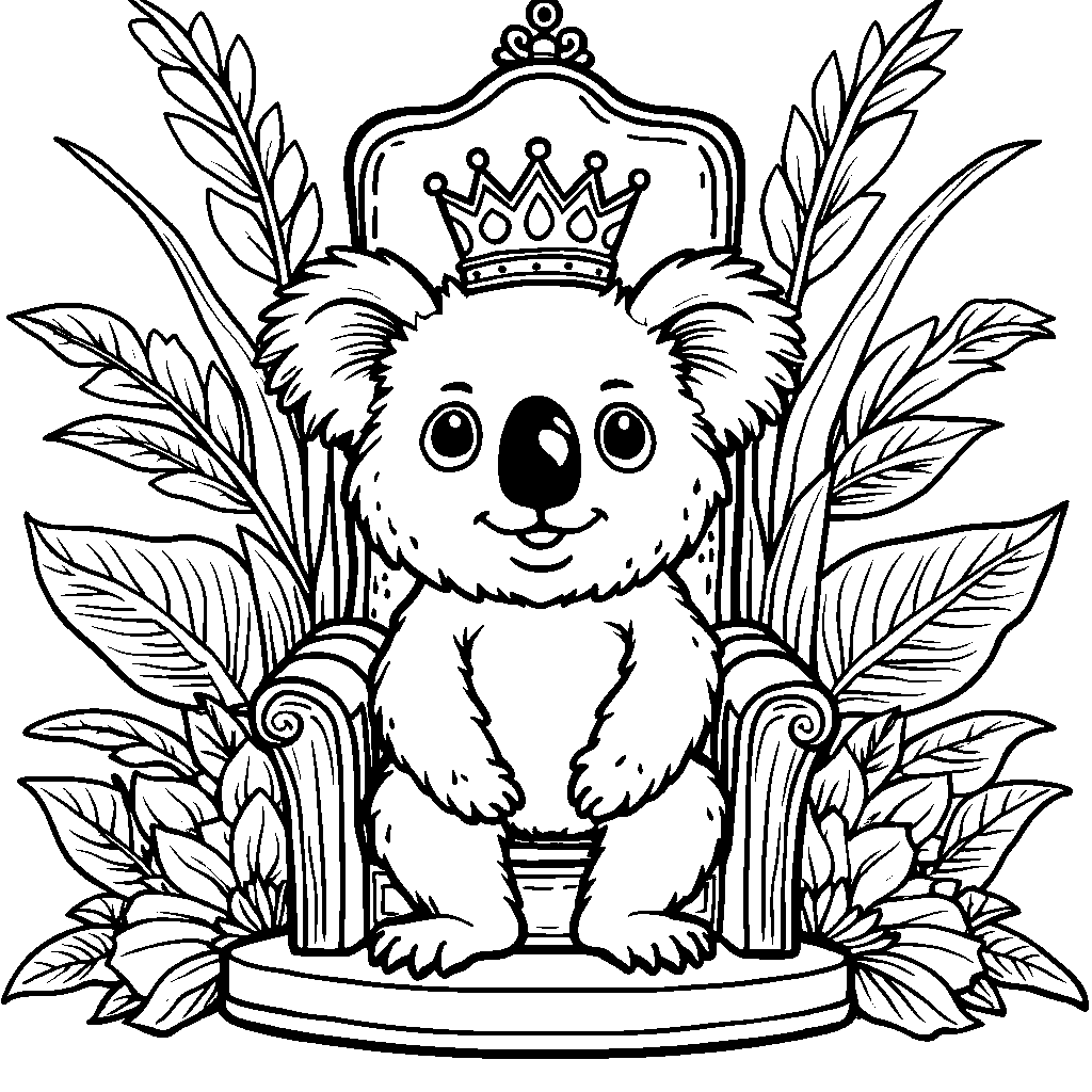 A koala wearing a crown and sitting on a throne in a jungle