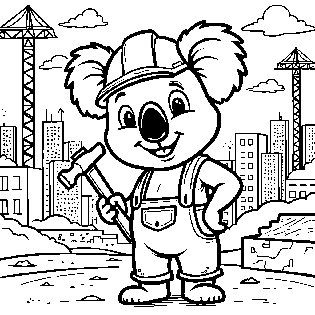 Koala wearing a hard hat and holding a hammer like a construction worker