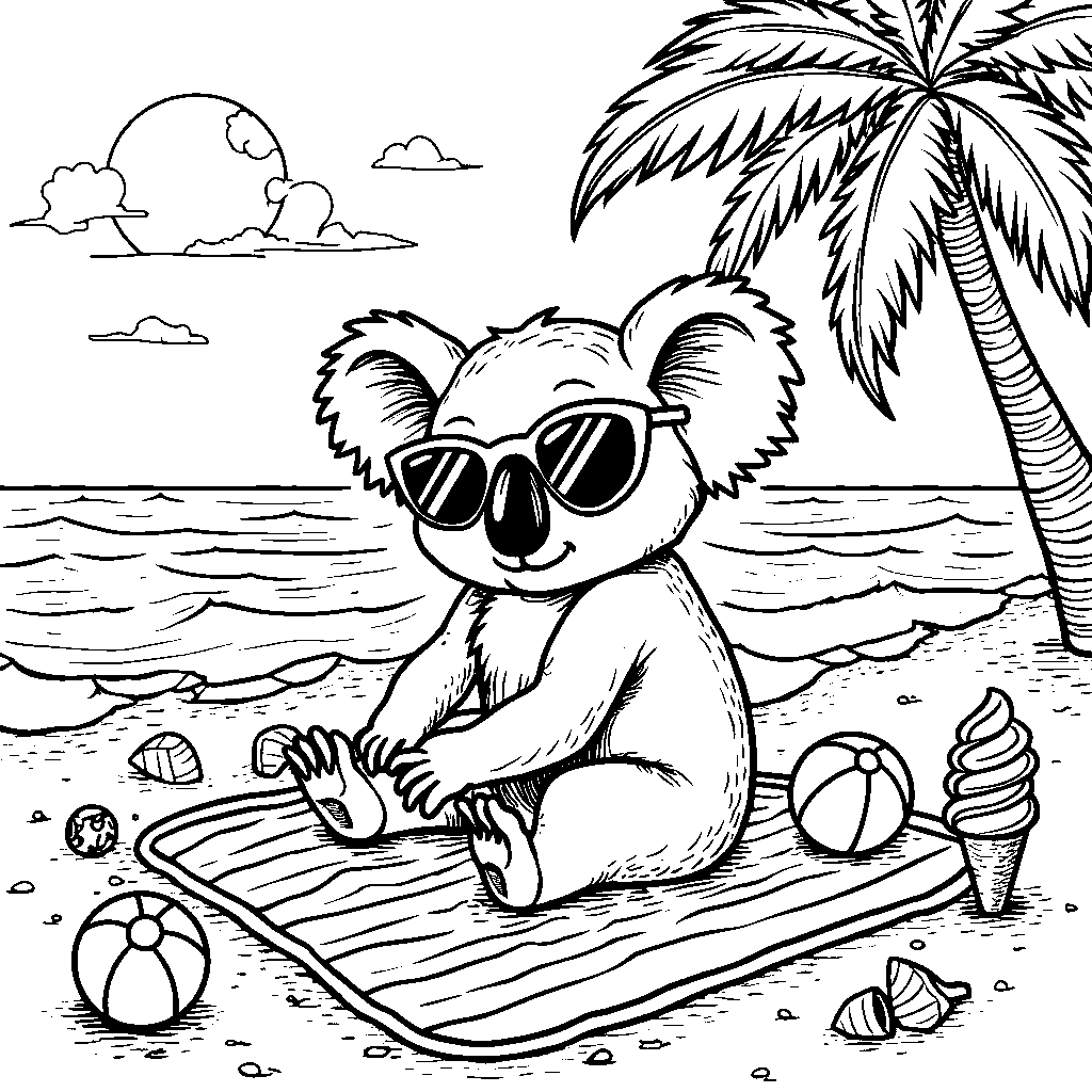 Koala wearing a pair of sunglasses and lounging on a beach towel