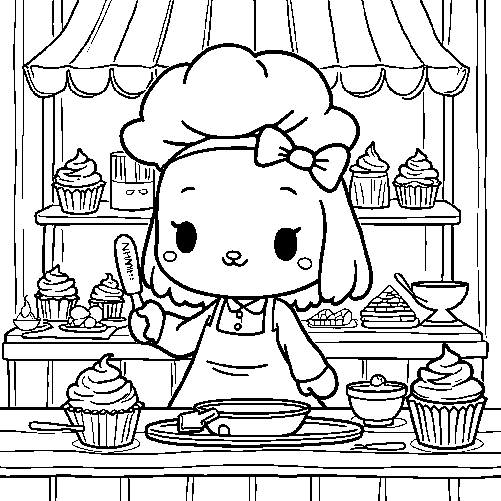 Kuromi baking colorful cupcakes in a sweet shop