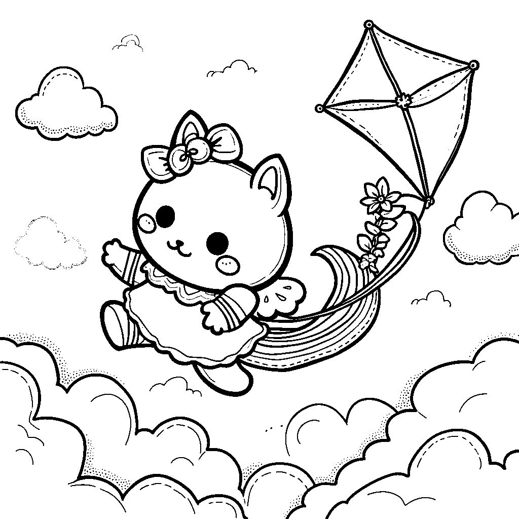 Kuromi flying a kite with a rainbow tail