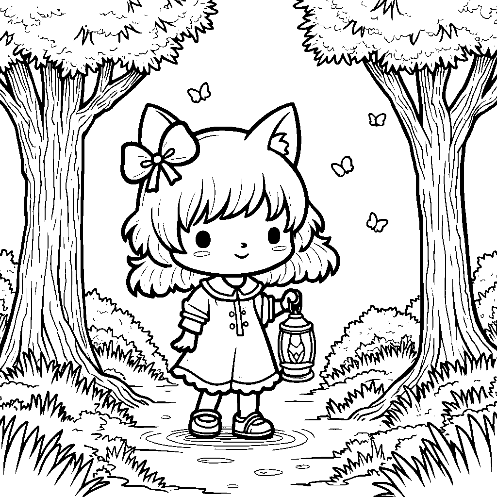 Kuromi holding a lantern and walking through a magical forest