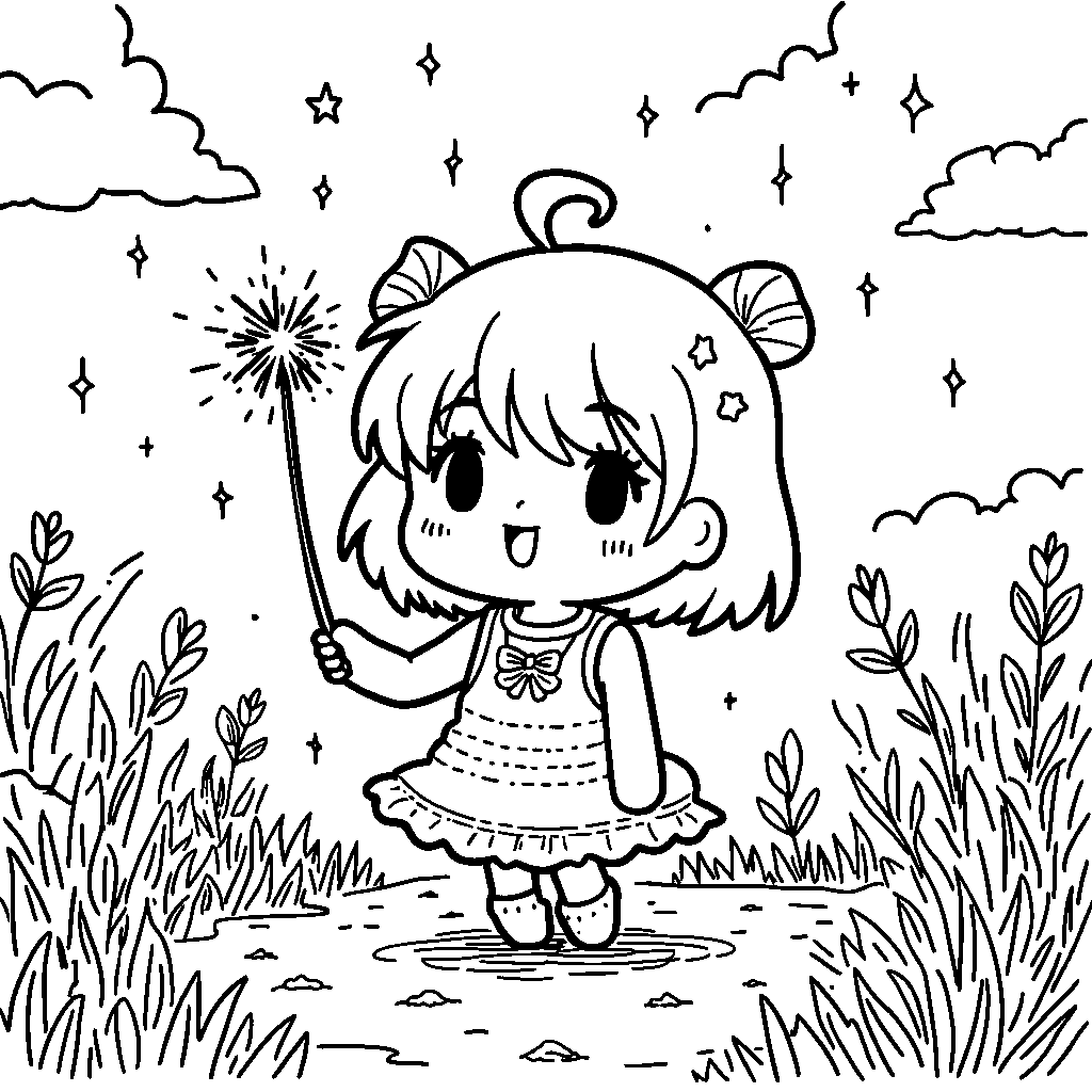 Kuromi holding a sparkler on a warm summer night