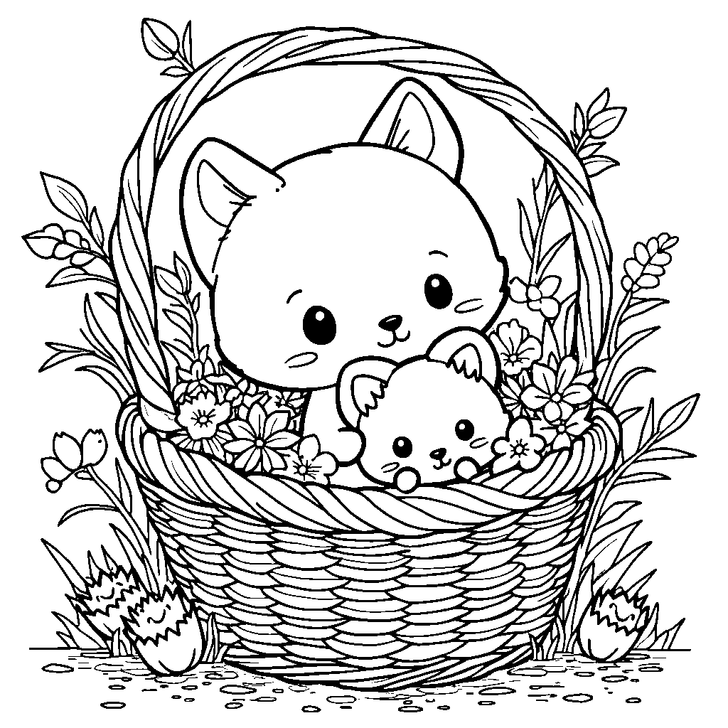 Kuromi playing with a kitten in a basket full of flowers