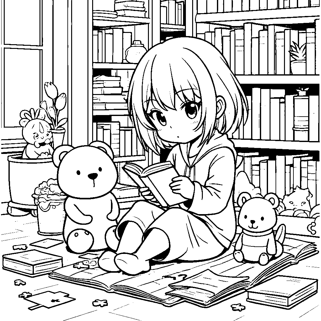 Kuromi playing with a puzzle in a cozy reading nook