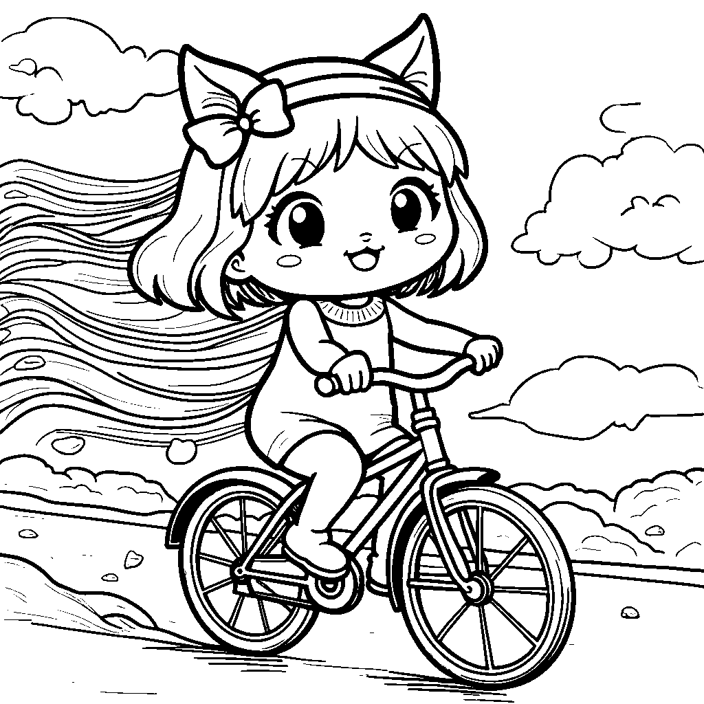 Kuromi riding a bike with streamers flowing behind her