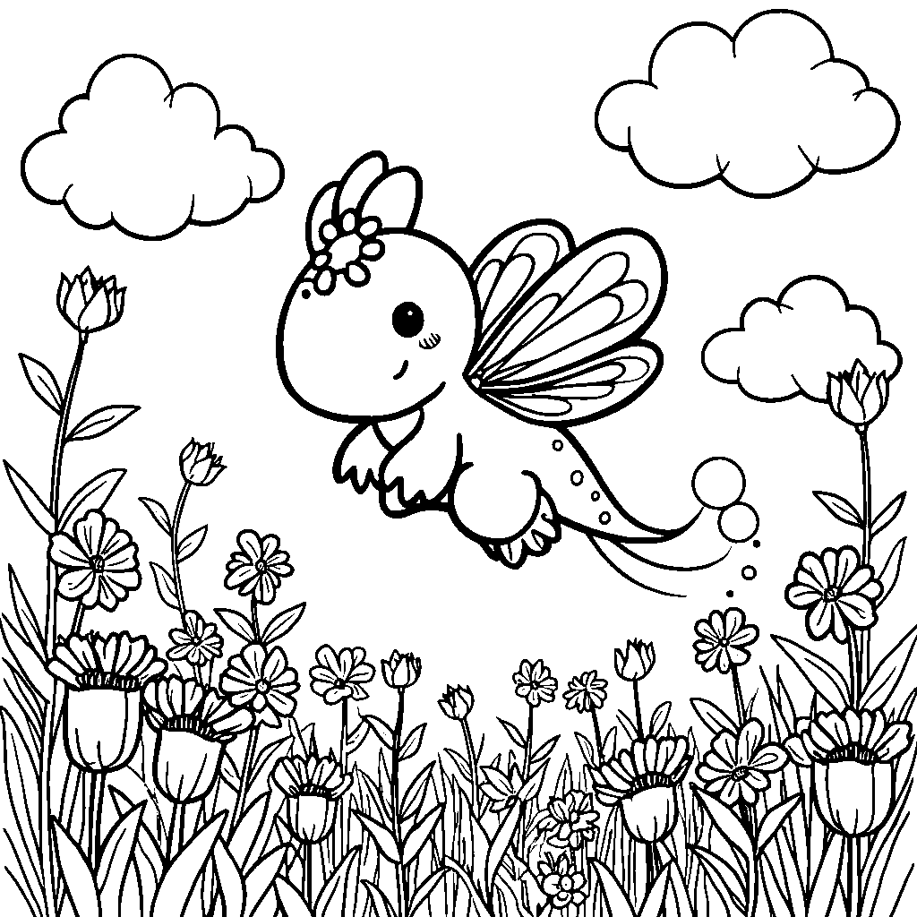 Kuromi riding a dragonfly through a field of wildflowers