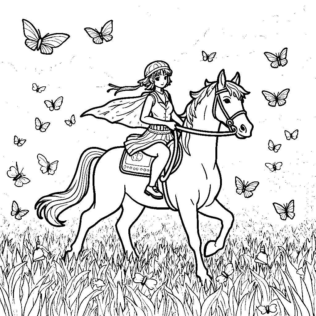 Kuromi riding a horse through a field of colorful butterflies