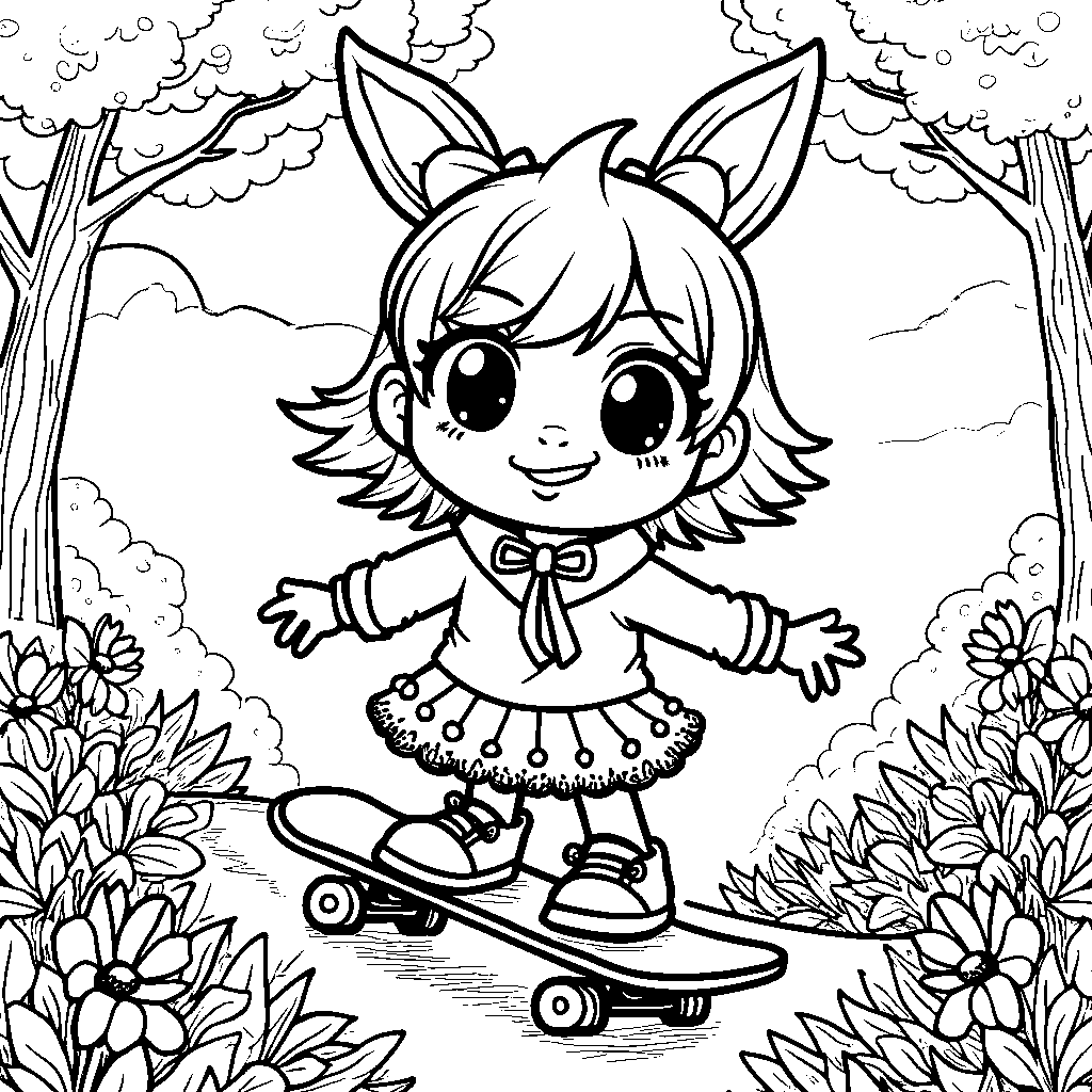 Kuromi riding a skateboard through a park filled with flowers