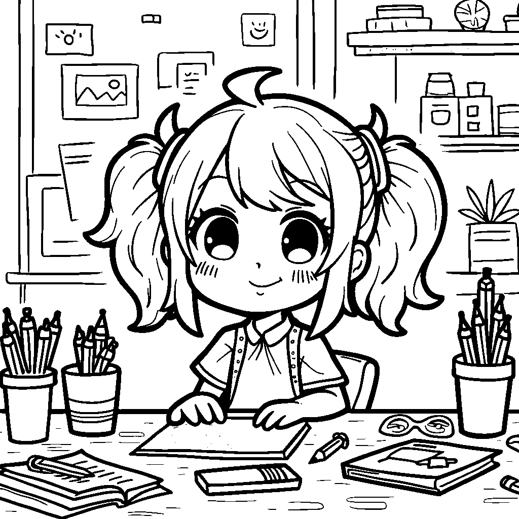 Kuromi sitting at a desk surrounded by colorful pens and papers