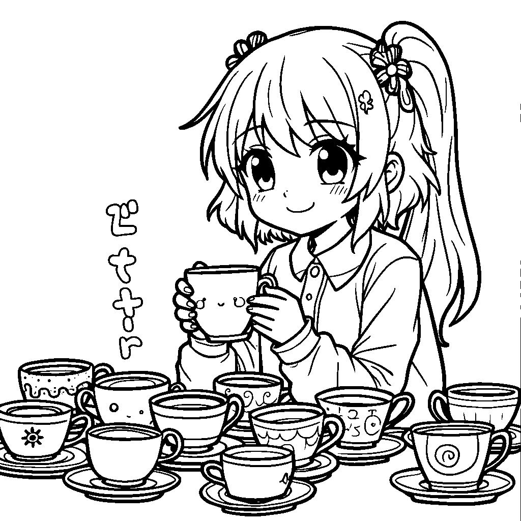 Kuromi sitting at a table surrounded by colorful tea cups