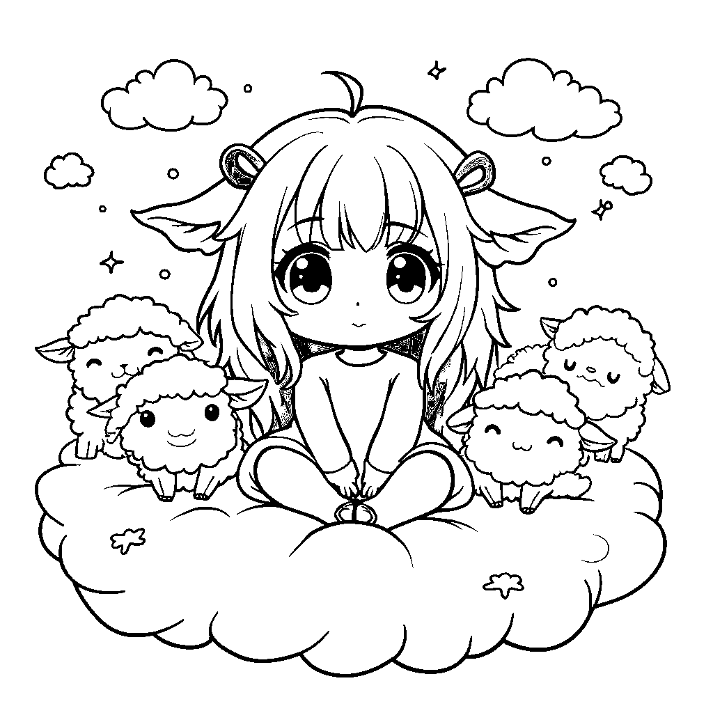 Kuromi sitting on a cloud surrounded by fluffy white sheep