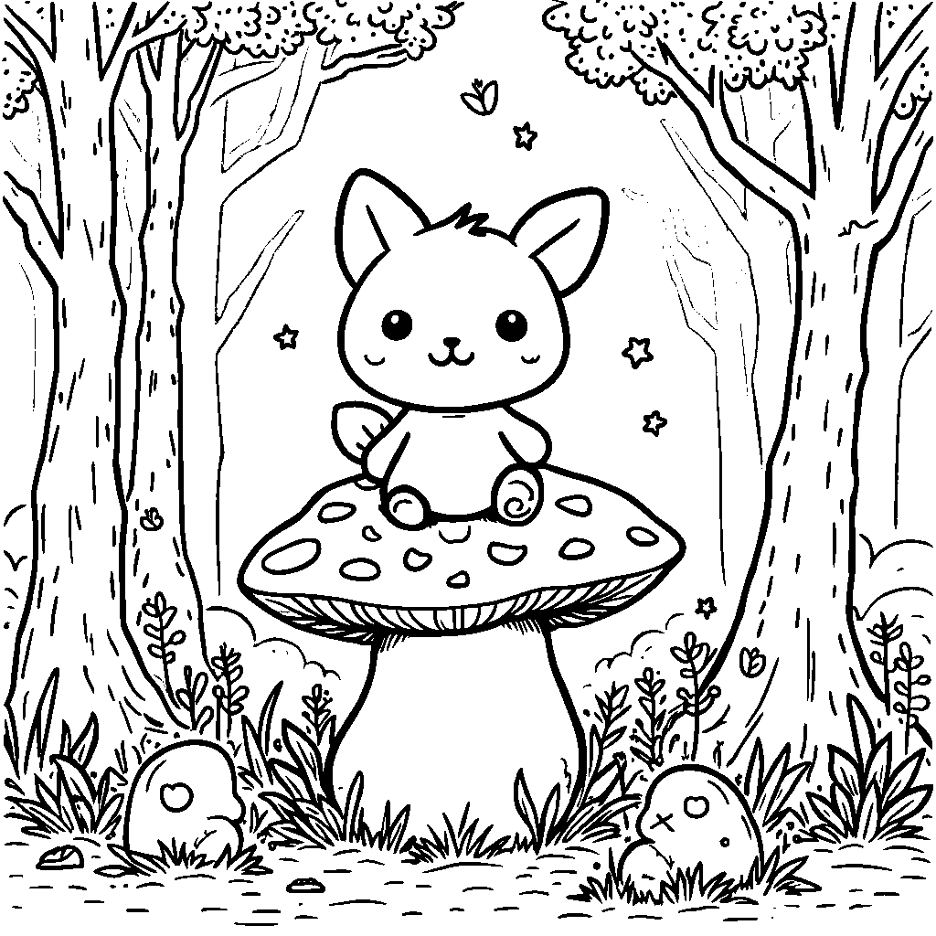 Kuromi sitting on a mushroom in a magical forest